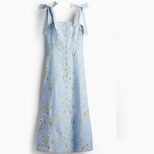 NWT H&M Tie-strap 100% Cotton Midi Dress Light Blue/Floral 1265587003 Sz S, L
